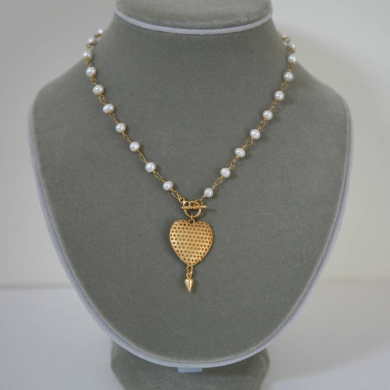 Herz Perlenkette Vintage Wiederverwendeter Goldanhänger, Brautschmuck von Karenda