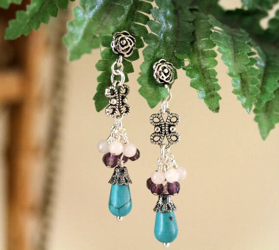 Türkis Magnesit Amethyst Ohrringe Versilberte Edelstein Ohrringe von Karenda