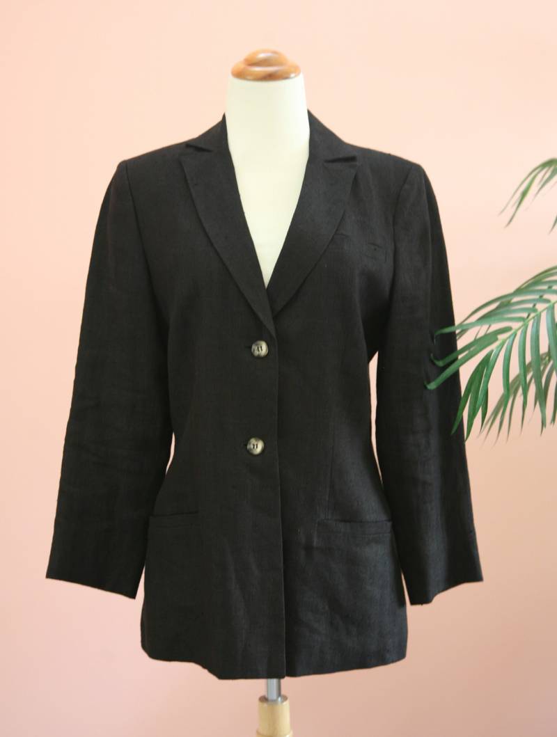Damen Größe 4 Schwarzer Leinen Blazer, 1990Er Jahre Blazer. Schwarzer Arbeitskleidung von KarendasKloset
