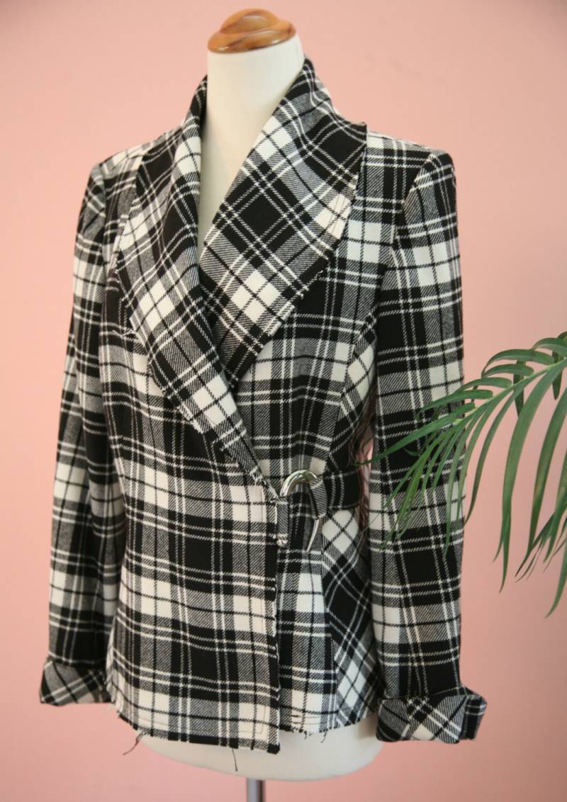 Schwarz-Weiß Karierte Seitenverschluss Metall Hardware Damen Wolle Blend Blazer Gr. 8 von KarendasKloset