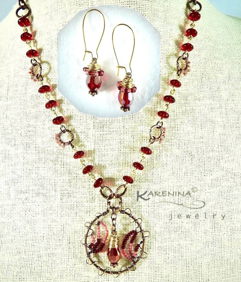 Draht Gewickelt Kupfer Halskette Ohrring Set Rote Glasperlen Schmuck Draht Gewickelt Kupfer Halskette Ohrring Set Rote Glasperlen Schmuck von KareninaJewelryArt