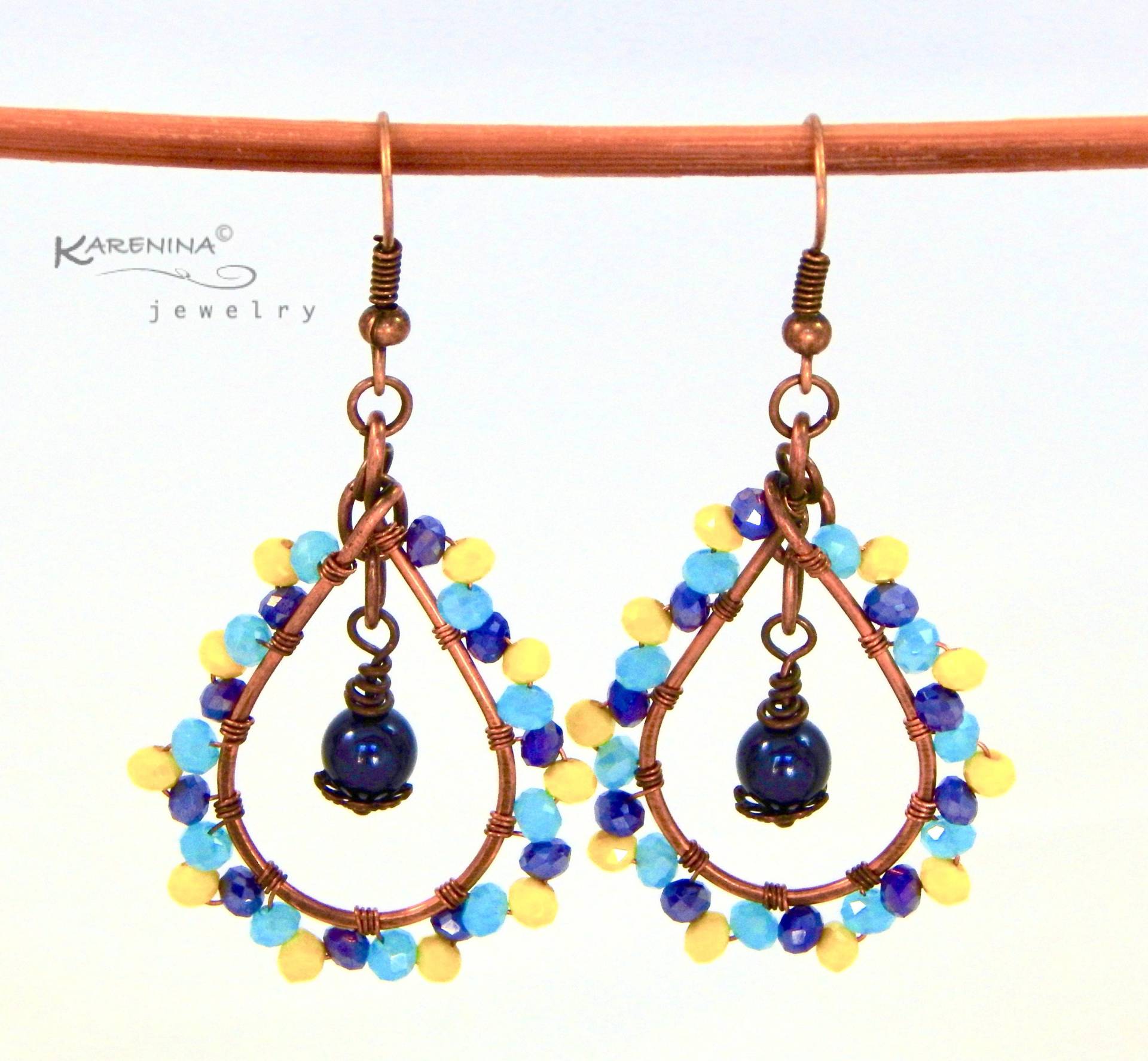 Kupfer Tropfen Ohrringe Blaue Perle Baumeln, Multicolor Glasperlen Kupfer Tropfen Ohrringe Blaue Perle Baumeln, Multicolor Glasperlen von KareninaJewelryArt