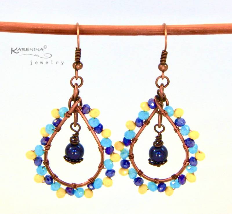 Kupfer Tropfen Ohrringe Blaue Perle Baumeln, Multicolor Glasperlen Kupfer Tropfen Ohrringe Blaue Perle Baumeln, Multicolor Glasperlen von KareninaJewelryArt