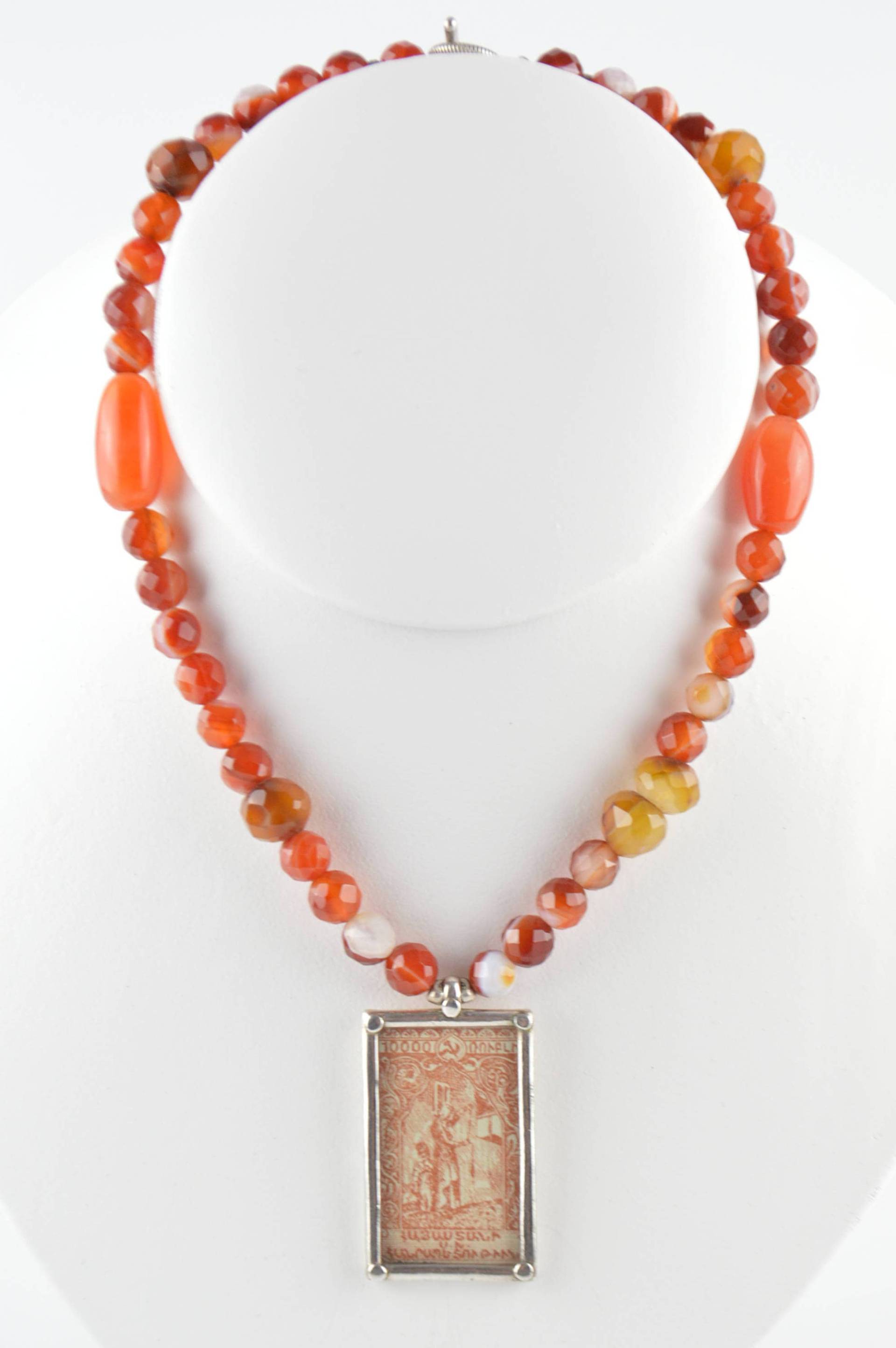 Karneol Perlenkette Eingerahmt Stempel Sterling Silber Anhänger Ooak von KariBernhardtStudio