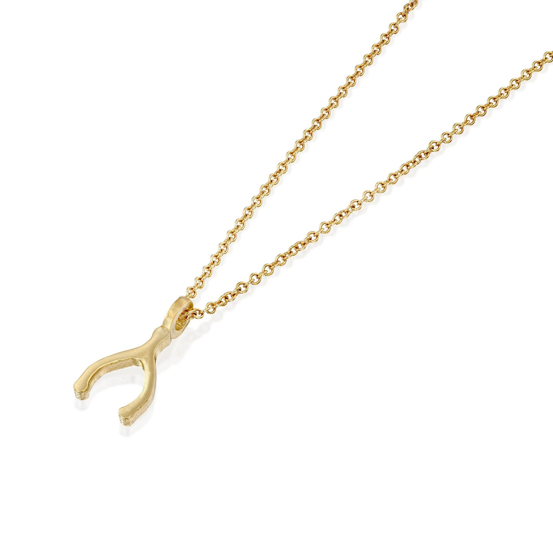 Einfacher, Zierlicher, Winzig Kleiner 14K Gelbgold-Wishbone-Anhänger An Goldhalskette Einfacher, Zierlicher, Winzig Kleiner 14K Gelbgold-Wishbone-Anhänger An Goldhalskette von KarinWeinreb