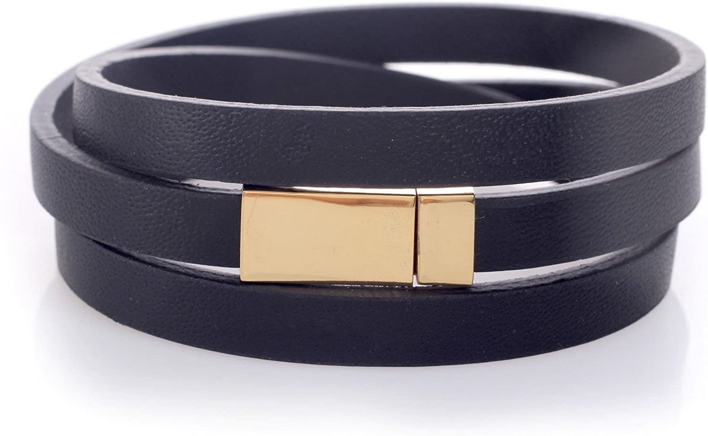 Karisma Edelstahlarmband Karisma Leder Unisex Armband schwarz - dreifach gewickelt Breite 8mm - mit Edelstahl Magnetverschluss Gold beschichtet -21cm von Karisma