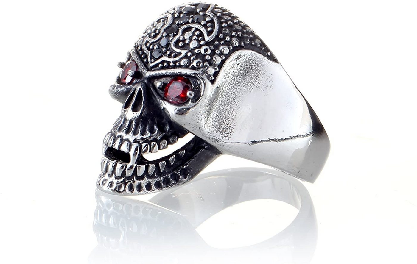 Karisma Fingerring Karisma Edelstahl 316L Ring -Totenkopf skull Bulk Gothic - Hoch Poliert 2 Rote Steine Motiv Kreuz mit Schwarzen Kristallen - SRS von Karisma