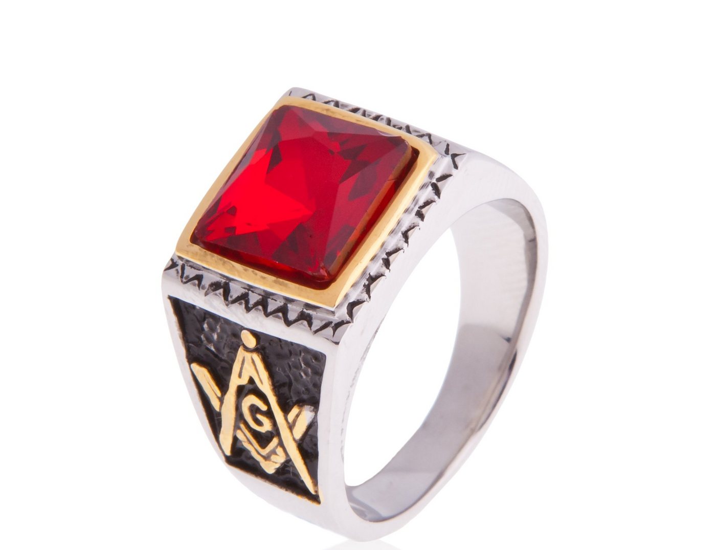 Karisma Fingerring Männer Edestahl 316L Gold Männer Ring - Freimaurer Stein Rot - RHC94R von Karisma