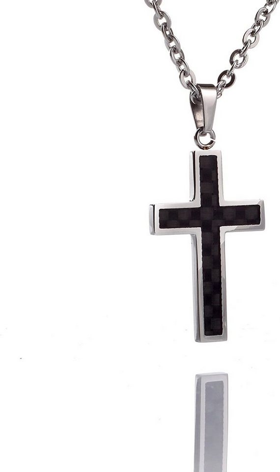 Karisma Kette mit Anhänger Edelstahl Kettenanhänger Kreuz mit Karboneinlage Männerschmuck Unisex mit EdelstahKette- 50cm von Karisma
