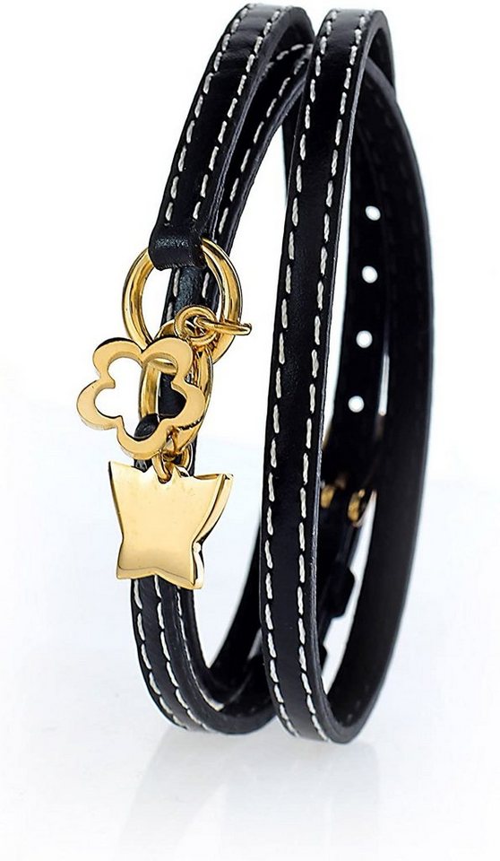 Karisma Lederarmband Damen Charms-Lederarmband Schwarz dreifach gewickelt - Schmetterling und Blume aus Edelstahl Gold beschichtet SB 9362B.G- Länge von Karisma