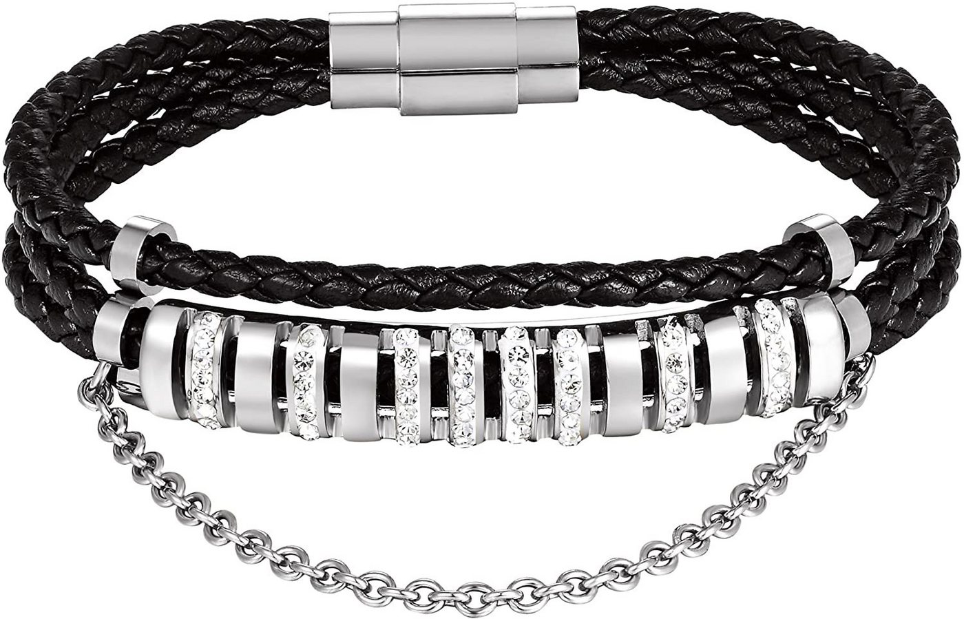 Karisma Lederarmband Karisma Damen Lederarmband 3 Fach gewickelt Edelstahl Zirkonia mit Kette Farbwahl WB-QD102 - Silber von Karisma