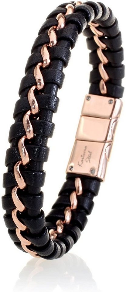 Karisma Lederarmband Karisma Hochwertiges Geflochtenes Herren Leder Armband Schwarz -, Edelstahl 316L Drahlt Rosé Gold beschichtet LB-408-IRPG - 21.0 cm von Karisma