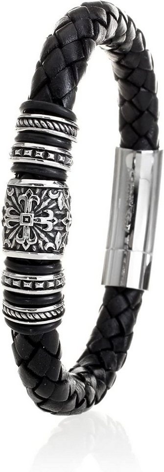 Karisma Lederarmband Karisma Hochwertiges Geflochtenes Herren Leder Armband Schwarz -, Edelstahlelemente Motiv Lilienkreuz 316L LB-418-01 - 21.0 Zentimeter von Karisma