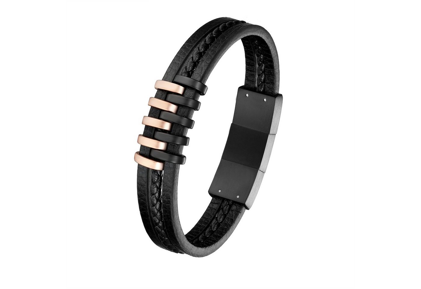 Karisma Lederarmband Karisma Männer 3 Ledersträngen Armband mit Edelstahl Elementen, Länge 21cm - Schwarz und Roségold von Karisma