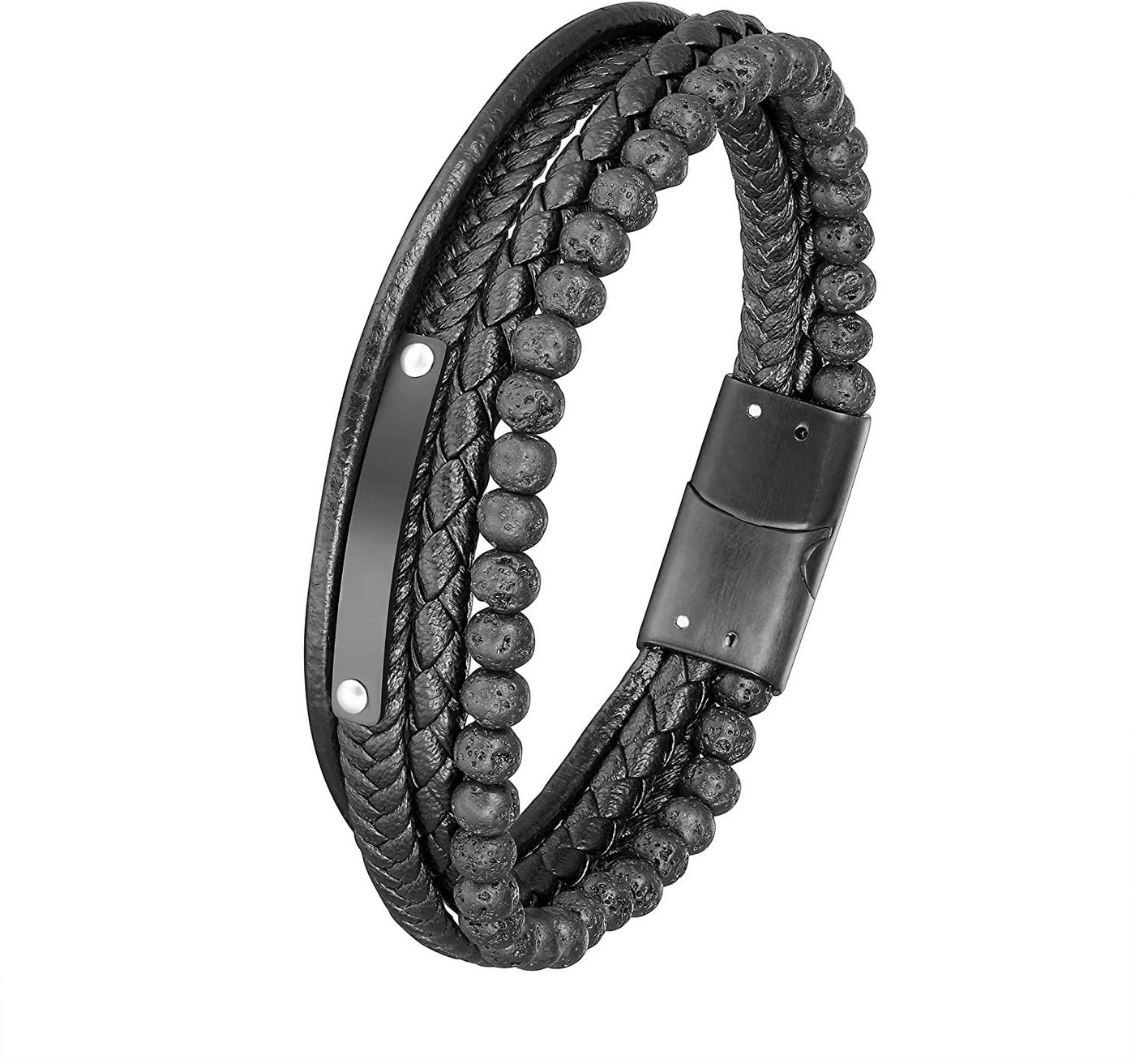 Karisma Lederarmband Karisma Männer Mehreihiges Lederarmband Lavasteinen Platte, Länge 21cm BLQ254 - Black von Karisma