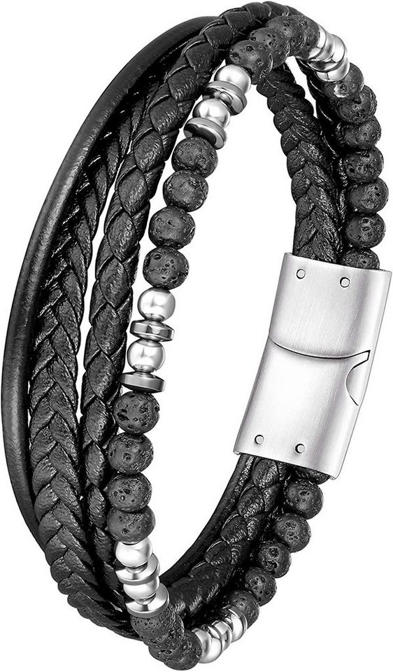 Karisma Lederarmband Karisma Männer Mehreihiges Lederarmband mit Lavasteinen und, Edelstahl Elementen Länge 21cm BLQ253 - Silber von Karisma