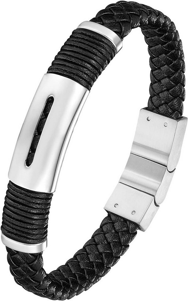 Karisma Lederarmband Karisma Männer Schwarzes Lederarmband Offene Platte und, Edelstahl Elemente Länge 21cm BLQ240 - Silber von Karisma