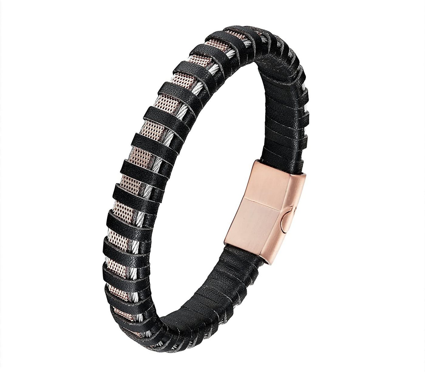 Karisma Lederarmband Karisma Männer Schwarzes Lederarmband mit Edelstahl Draht und Mesh BLQ242 - Roségold von Karisma