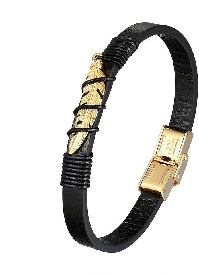 Karisma Lederarmband Karisma Unisex Schwarzes Lederarmband Blatt Edelstahl BLQ243 - Gold von Karisma