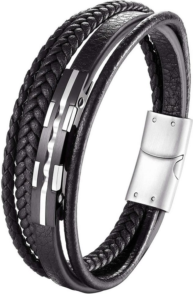 Karisma Lederarmband Männer Herren Schwarze 4 Lederstränge Edelstahl Platte, Länge 21cm BLQ245 - Silber-black von Karisma