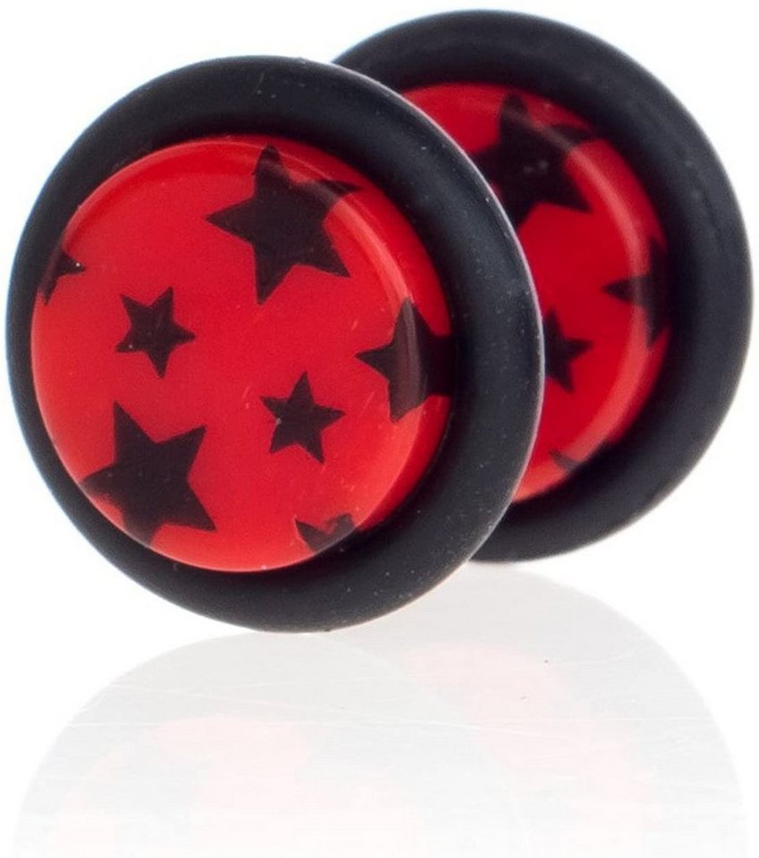 Karisma Plug 1 Paar Ohrstecker Ear Fake Plug Acryl Schwarze Sterne Gummiring Motiv Rot FAES-8mm Ohrpiercing von Karisma