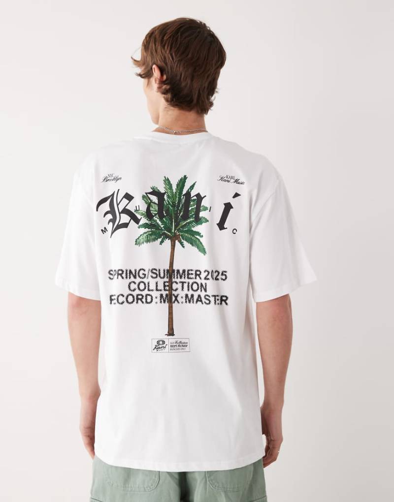 Karl Kani - Oversize-T-Shirt in Weiß mit Palmenprint auf Brust und Rücken und Signatur-Logo von Karl Kani