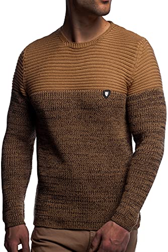Herren Strick-Pullover Rundhals Mit Logopatch | Winter-Pullover | Stylischer Pulli | Warmer Grobstrick | Basic Longsleeve Sweatshirt Sweater K-114 Camel M von Karl´s People