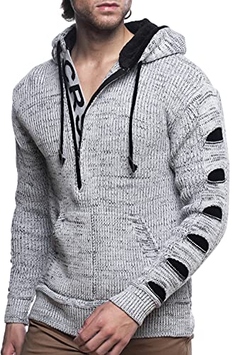 Karl´s People Herren Strick-Pullover mit Kapuze gefüttert| Männer Winter-Pullover mit Kängurutasche |stylischer Herren Strick-Pulli | angenehmer Herren Kapuzenpullover K-116 Grey 3XL von Karl´s People