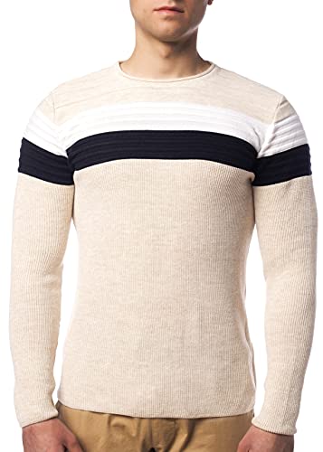 Herren Feinstrick-Pullover für Winter und Übergang by Carisma • Herren Longsleeve mit Streifen • Herren Langarmshirt Herren Sweatshirt Pulli Langarm K-128 Beige M von Karl´s People