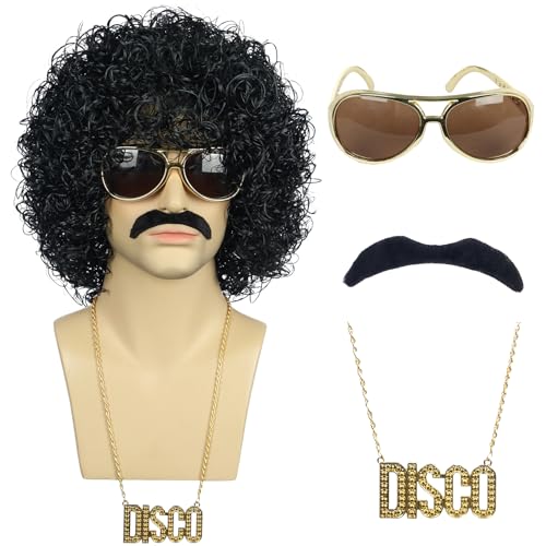 karlery Herren Kurz Lockige Schwarz Rocker Afro Perücke mit Schnurrbart Bart Halskette und Sonnenbrille California Brethable Cosplay Anime Party Perücke von karlery