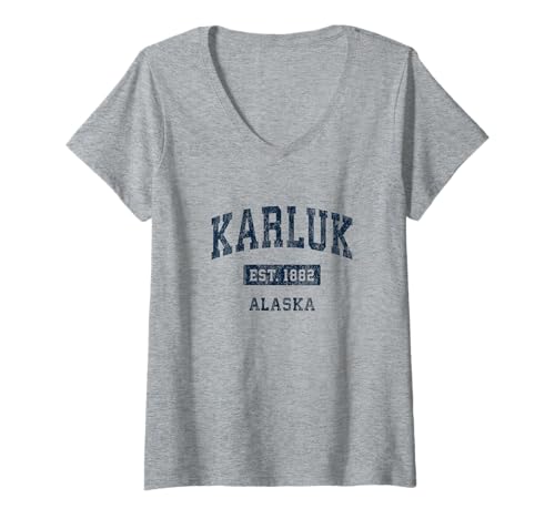 Damen Karluk Alaska AK Vintage Sports Etabliertes marineblaues Design T-Shirt mit V-Ausschnitt von Karluk AK Retro T-Shirts & Tees