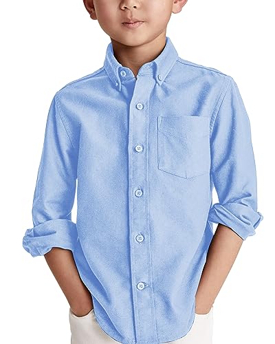 Jungen Langarm Hemden Baumwoll Casual Hemd Kinder Einfarbig Shirt Oberteil mit Brusttasche, Blau, 8-10 Jahre von Karlywindow