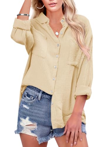 Karlywindow Damen Bluse V-Ausschnitt Casual Langarmshirt Baumwolle Oberteil Elegant Tunika Hemd mit Brusttaschen, Beige, M von Karlywindow