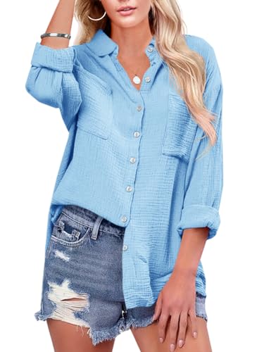 Karlywindow Damen Bluse V-Ausschnitt Casual Langarmshirt Baumwolle Oberteil Elegant Tunika Hemd mit Brusttaschen, Blau, XXL von Karlywindow