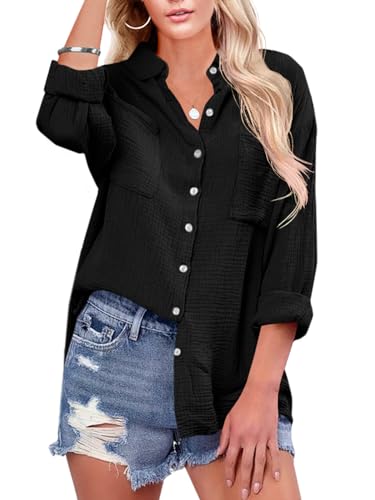 Karlywindow Damen Bluse V-Ausschnitt Casual Langarmshirt Baumwolle Oberteil Elegant Tunika Hemd mit Brusttaschen, Schwarz, L von Karlywindow