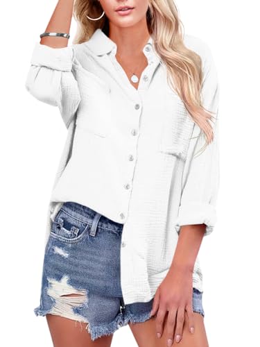 Karlywindow Damen Bluse V-Ausschnitt Casual Langarmshirt Baumwolle Oberteil Elegant Tunika Hemd mit Brusttaschen, Weiß, XL von Karlywindow