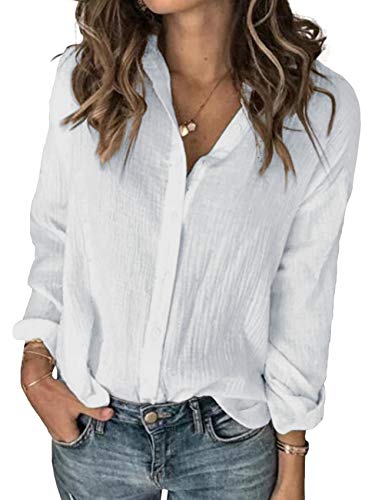 Karlywindow Damen Langarm Button Down Baumwolle Leinen Shirt Bluse Loose Fit Casual V-Ausschnitt Tops, Weiss/opulenter Garten, X-Groß von Karlywindow
