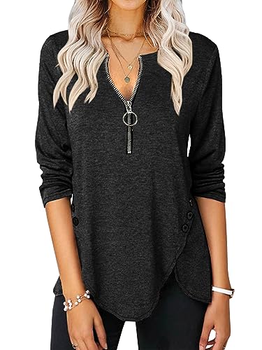 Karlywindow Damen Langarmshirt V-Ausschnitt Halbem Reißverschluss T-Shirt Seite Knopf Oberteile Freizeit Tunika Hemden, Schwarz, XXL von Karlywindow