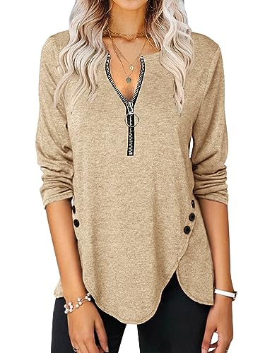 Karlywindow Damen Langarmshirt V-Ausschnitt Halbem Reißverschluss T-Shirt Seite Knopf Oberteile Freizeit Tunika Hemden, Khaki, L von Karlywindow