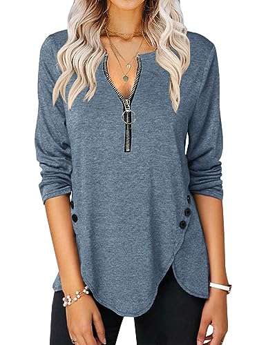 Karlywindow Damen Langarmshirt V-Ausschnitt Halbem Reißverschluss T-Shirt Seite Knopf Oberteile Freizeit Tunika Hemden, Navy Blau, S von Karlywindow