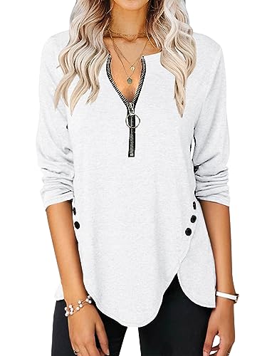 Karlywindow Damen Langarmshirt V-Ausschnitt Halbem Reißverschluss T-Shirt Seite Knopf Oberteile Freizeit Tunika Hemden, Weiß, L von Karlywindow