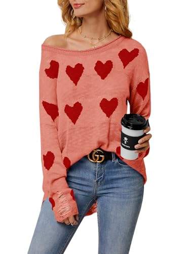 Karlywindow Damen Off Shoulder Pullover Lose Langarm Strickpullover Zerrissene Tops mit Herzmotiven, Rosa, L von Karlywindow