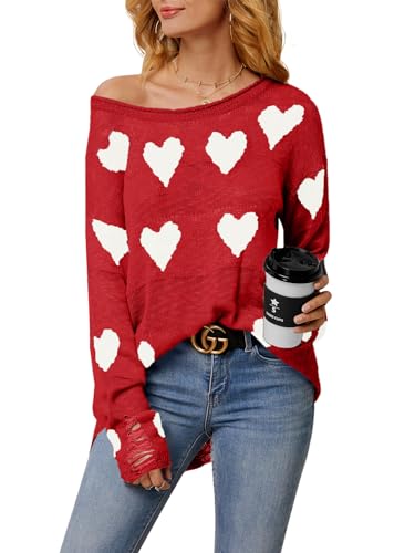 Karlywindow Damen Off Shoulder Pullover Lose Langarm Strickpullover Zerrissene Tops mit Herzmotiven, Rot, M von Karlywindow