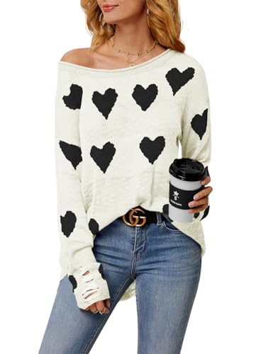 Karlywindow Damen Off Shoulder Pullover Lose Langarm Strickpullover Zerrissene Tops mit Herzmotiven, Weiß, L von Karlywindow