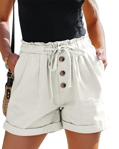 Karlywindow Damen Shorts Hohe Taille Paperbag Kurze Hose Lose A Linie Sommerhose mit Weiten Beinen Beige L von Karlywindow