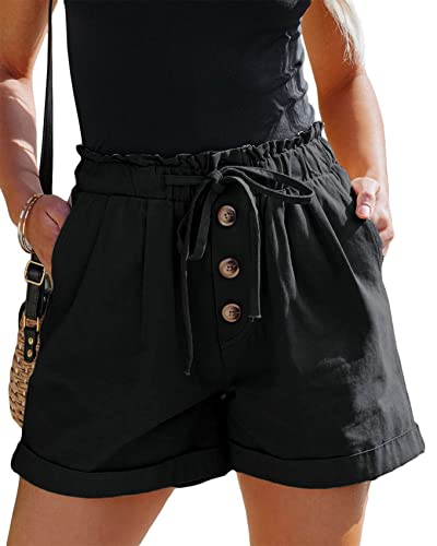 Karlywindow Damen Shorts Hohe Taille Paperbag Kurze Hose Lose A Linie Sommerhose mit Weiten Beinen Schwarz L von Karlywindow