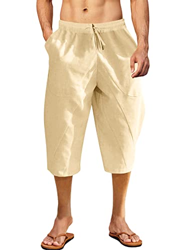 Karlywindow Herren 3/4 Hose Lose Sommer Leinenhose Elastischer Bund Strandhose mit Seitentasche Beige L von Karlywindow