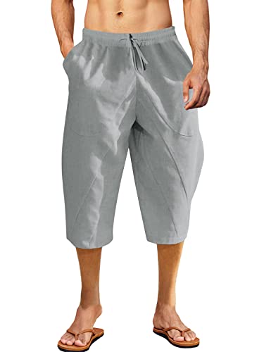 Karlywindow Herren 3/4 Hose Lose Sommer Leinenhose Elastischer Bund Strandhose mit Seitentasche Grau XL von Karlywindow