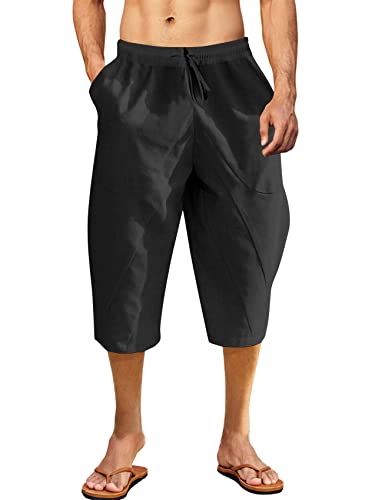 Karlywindow Herren 3/4 Hose Lose Sommer Leinenhose Elastischer Bund Strandhose mit Seitentasche Schwarz M von Karlywindow