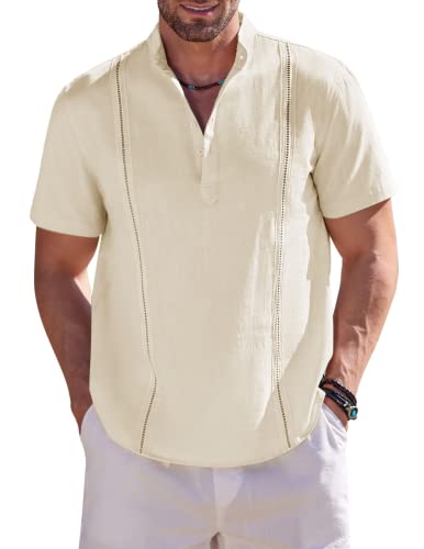 Karlywindow Herren Kurzarm Hemd Sommer Freizeithemd Kuba Hawaiihemd mit Stehkragen V Neck Herren Top Beige L von Karlywindow